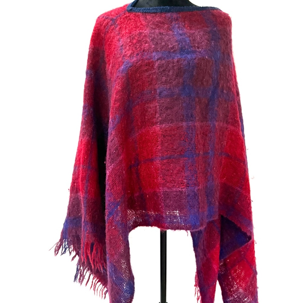 Women's Red and Purple Plaid Fringe Poncho - Cozy Sweater Shrug